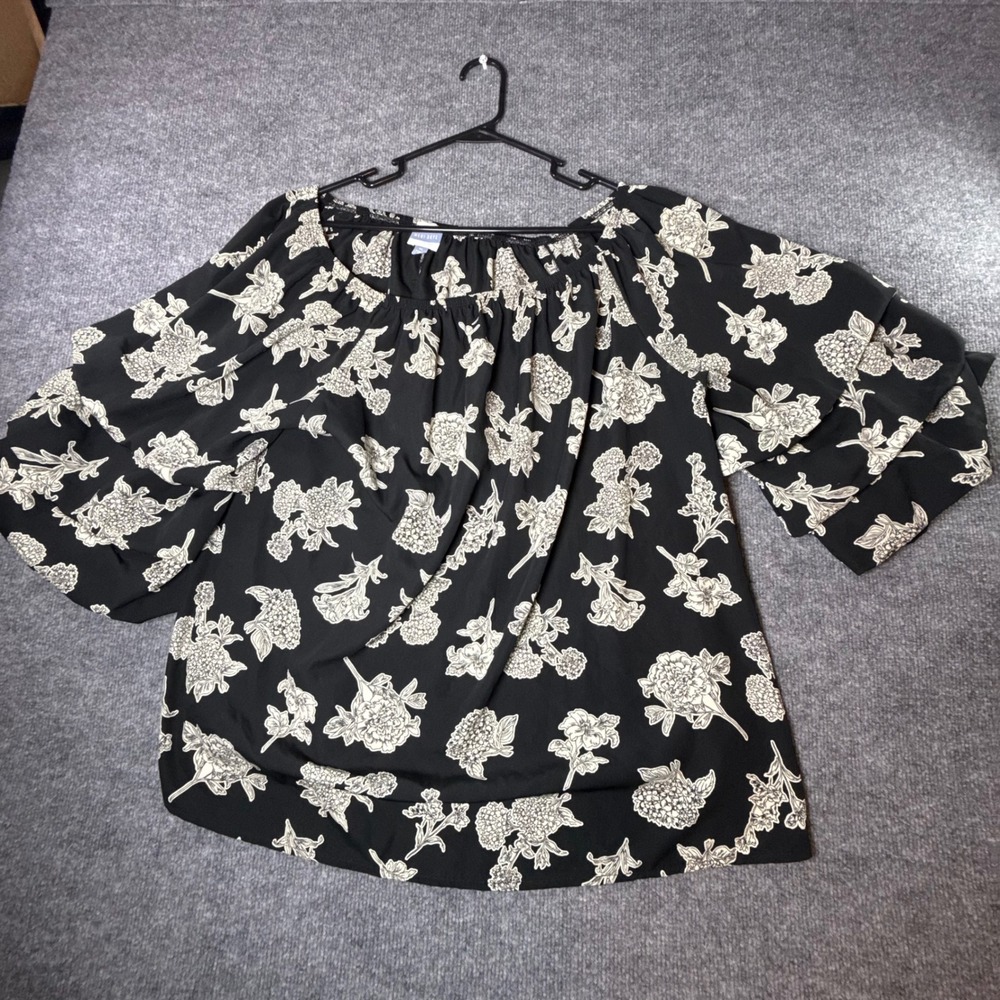 Meri Skye Womens‎ 2X Black White Floral Off Shoulder Tiered Ruffle Blouse Top